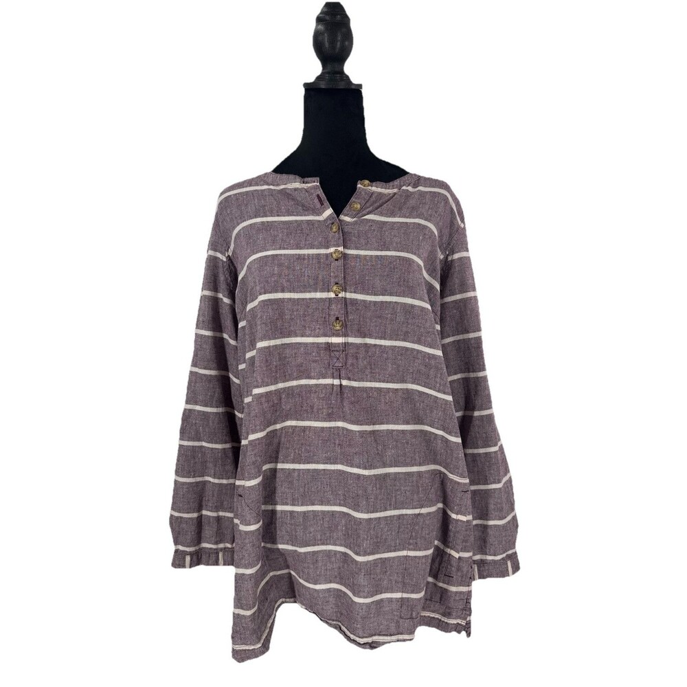 Duluth Trading Co Organic Cotton Hemp Tunic Purple Striped Pockets Size L